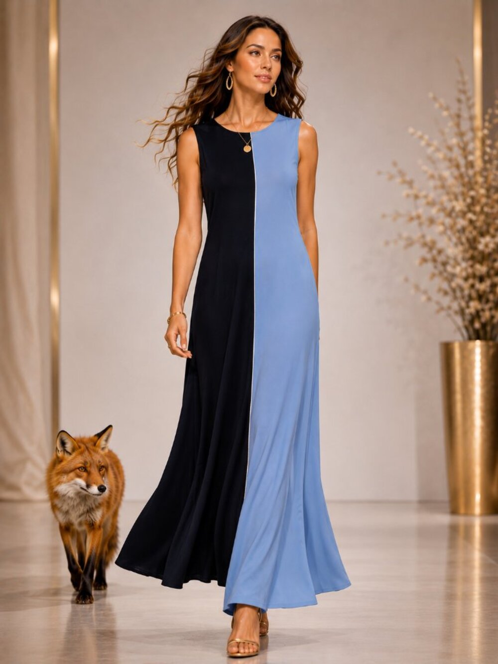 Karen Kane Colorblock Maxi Dress Navy Blue Sleeveless Size L Elegant Flow NEW - Picture 11 of 12